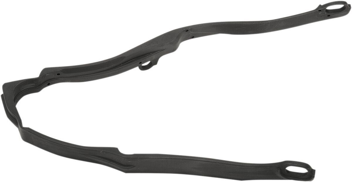 Black UFO Chain Slider designed for Honda CRF250R models from 2014 to 2017, featuring a sleek, durable plastic construction with precise cutouts for easy installation.