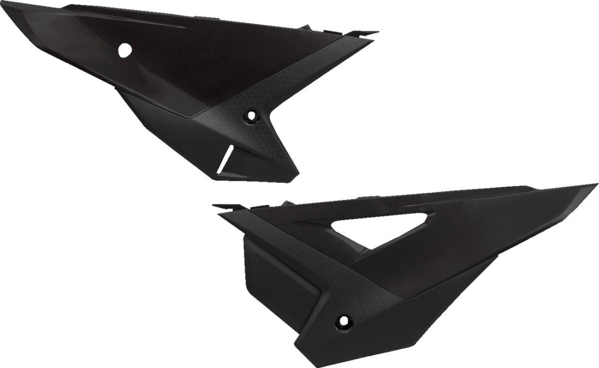 Black UFO side panels for Honda CRF250R 2025, featuring a sleek design with textured surfaces and angular shapes for enhanced aesthetics and durability.