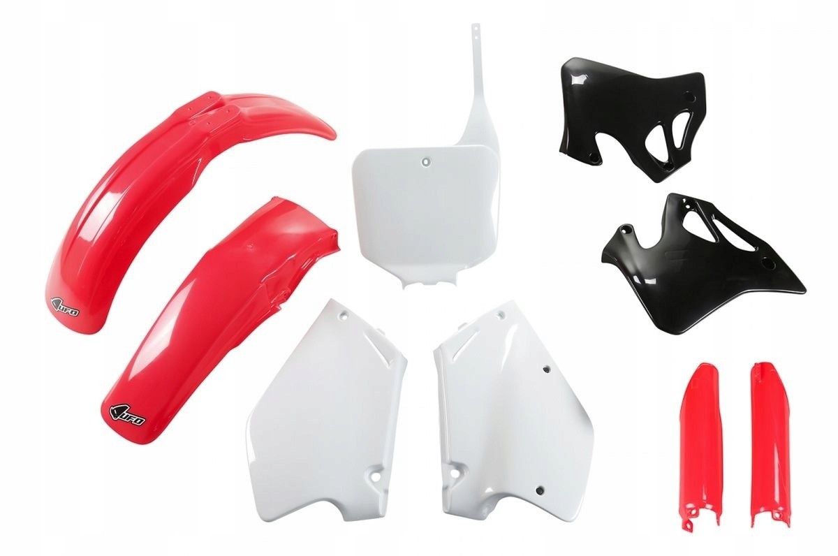 UFO Full Plastics Kit for Honda CR 125/250 (1996) featuring red and white fenders, black side panels, and white number plates, made from durable plastic material.