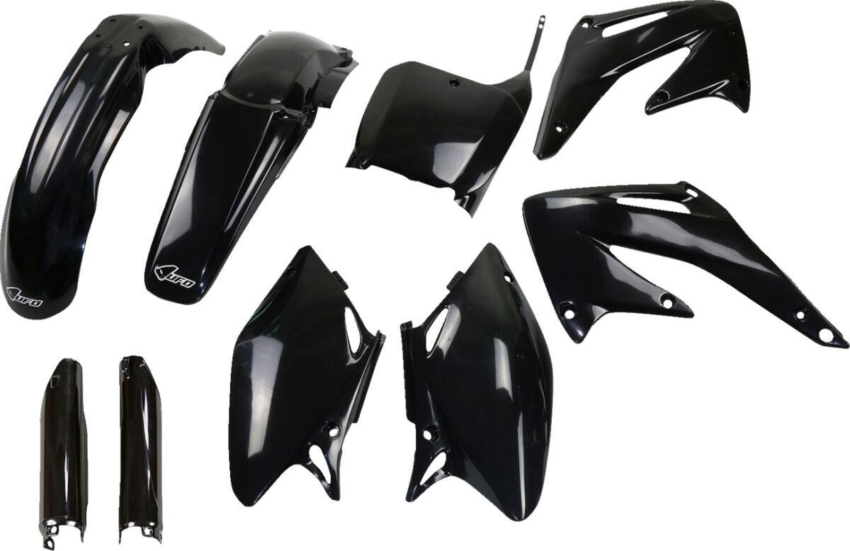 UFO full plastics kit for Honda CRF450R 2002-03 in glossy black, featuring front fender, side panels, rear fender, and number plates, made from durable plastic.