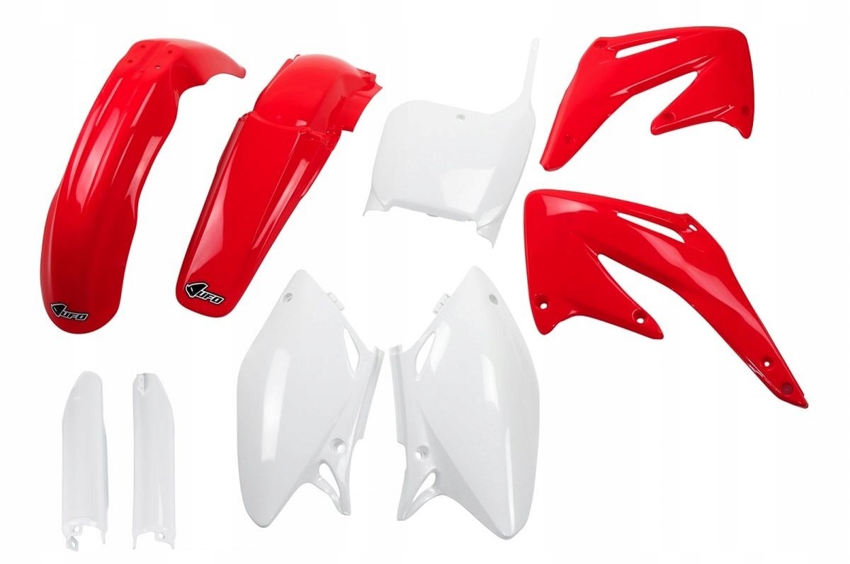 Red and white plastic bodywork kit for Honda CRF450R 2002-2003, including fenders, side panels, and shrouds, featuring a glossy finish and UFO branding.