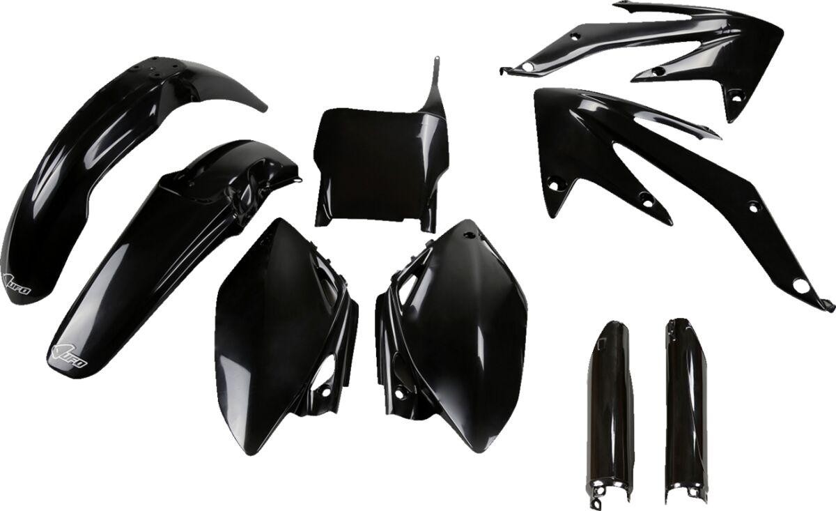 Black plastic bodywork kit for Honda CRF450R 2007, including front fender, side panels, and rear sections, featuring a glossy finish and sleek design.