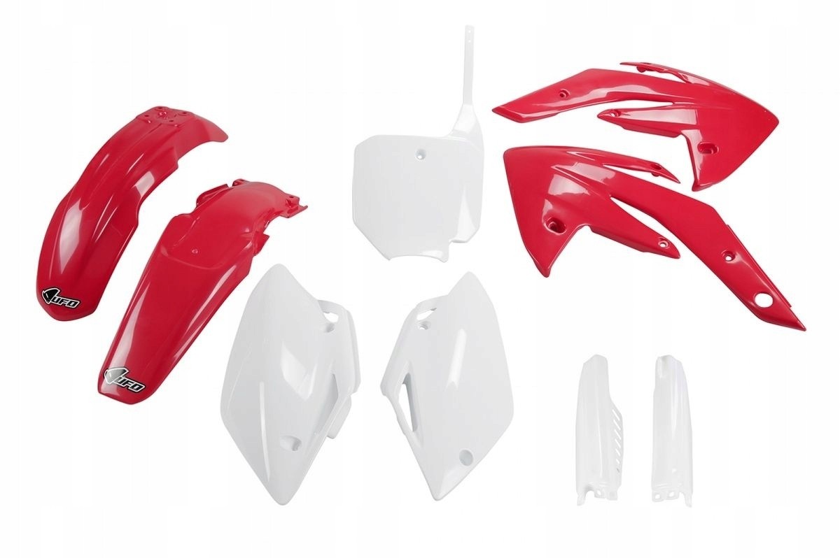 Red and white plastic bodywork kit for Honda CRF150R (2007-2022) featuring fenders, side panels, and number plates, made from durable OEM materials.