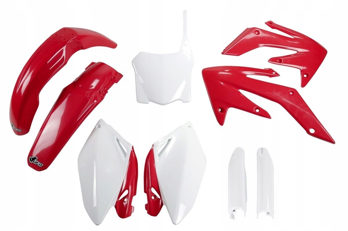 Red and white plastic bodywork kit for Honda CRF250R 2009, including fenders, side panels, and front number plate, made from durable plastic with a glossy finish.