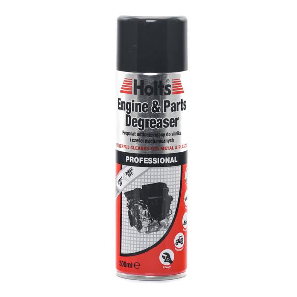 Black aerosol can with a red and white label, labeled "Holts Engine & Parts Degreaser," featuring a graphic of an engine, 500ml capacity, designed for metal and plastic surfaces.