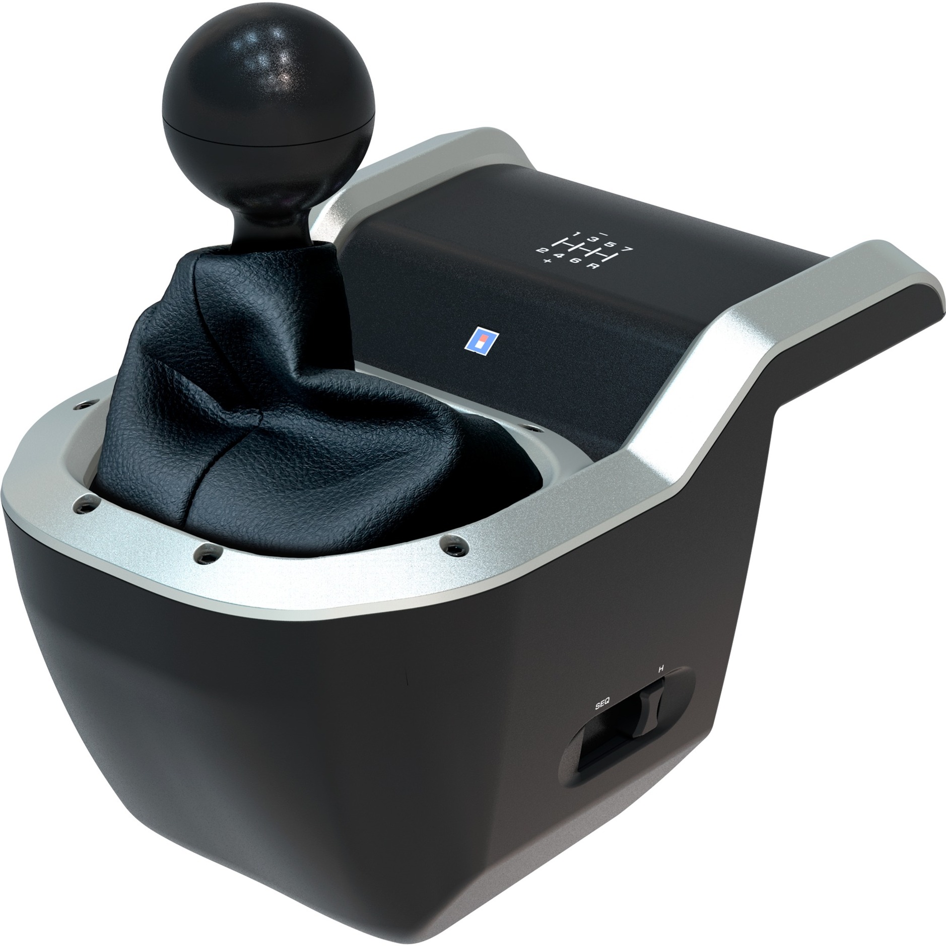 Black racing shifter with a textured leather boot, silver accents, and a spherical gear knob, featuring a 7-speed layout for PC compatibility.