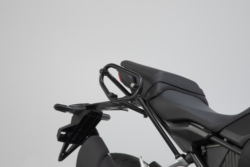 Black metal side carrier designed for Honda CB300R and CB125R models, featuring a sleek, sturdy frame with mounting points for luggage attachment.