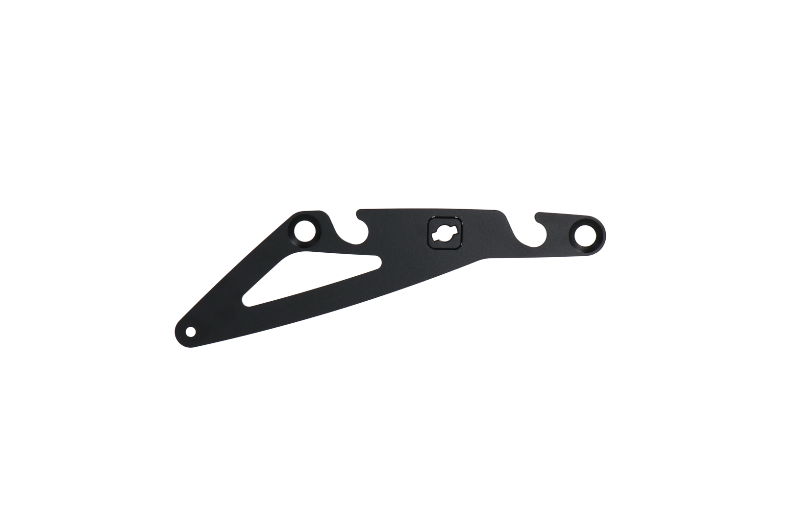 Black metal side carrier bracket designed for H.-D. Street Bob, Slim, Standard, and Fat Bob models, featuring cutouts for mounting and a sleek, sturdy design.