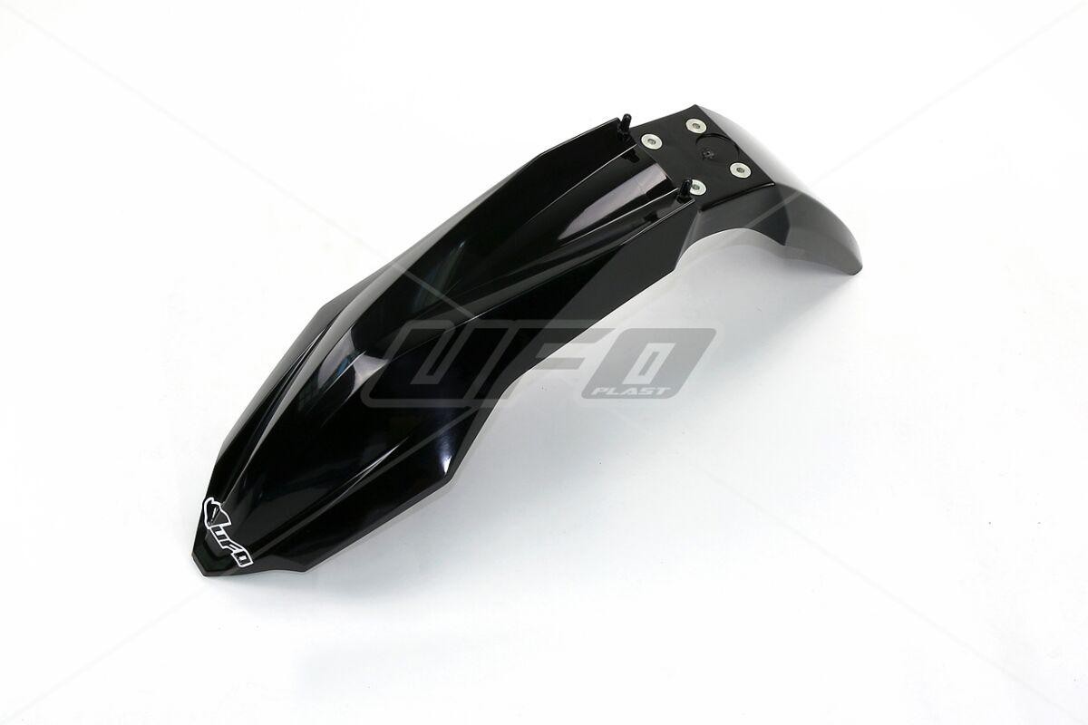 Black plastic front fender designed for Husqvarna FE250 2014, featuring a sleek aerodynamic shape and metal mounting brackets for secure attachment.