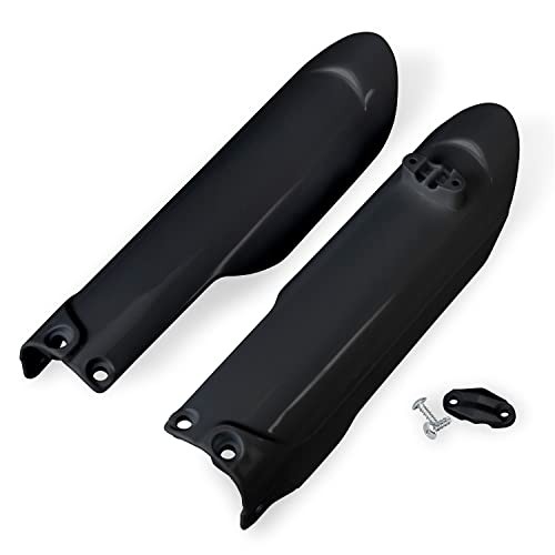 Black UFO fork guards designed for Husqvarna TC85 models from 2018 to 2024, featuring a sleek, durable plastic construction with mounting holes and included hardware.