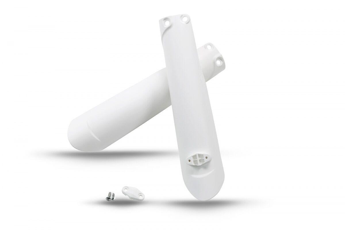 White UFO fork guards designed for Husqvarna TC85 models from 2018 to 2024, featuring a smooth plastic finish and mounting hardware included.