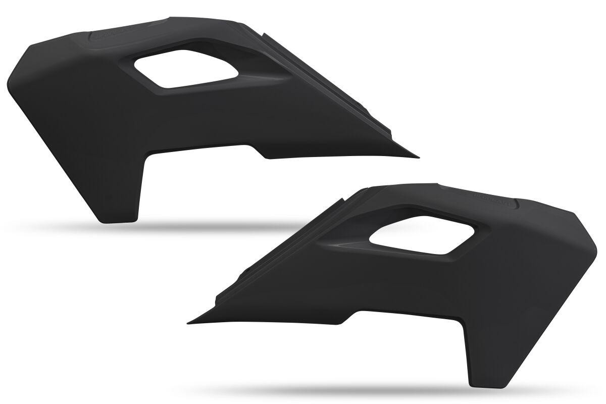 Black UFO radiator scoops designed for Husqvarna FC250 models from 2023-2024, featuring a sleek, aerodynamic shape and cut-out handle for easy installation.
