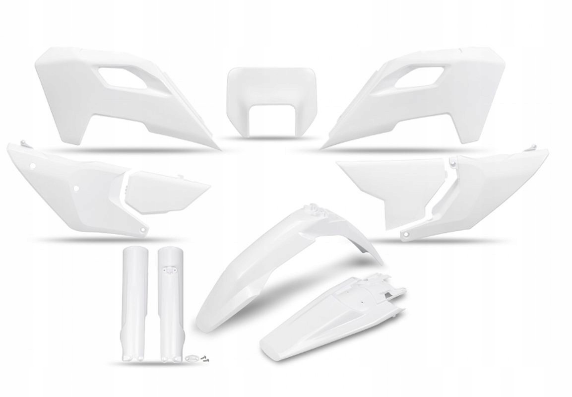 White UFO Plastics Kit for Husqvarna FE250 (2024-2025) featuring multiple plastic panels, including side panels, front fender, and number plates, designed for durability and a sleek look.