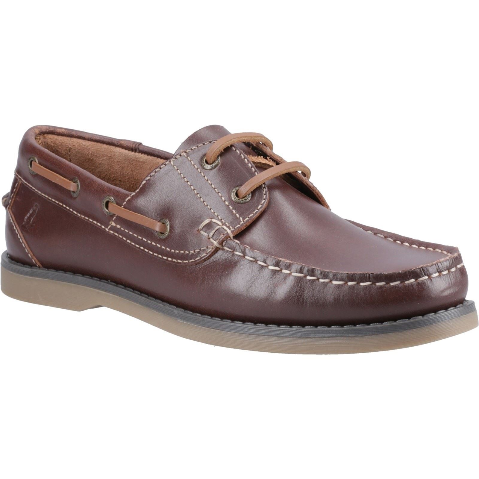 Brown leather boat shoe with a classic design, featuring laces, stitching details, and a rubber sole, available in size 6.
