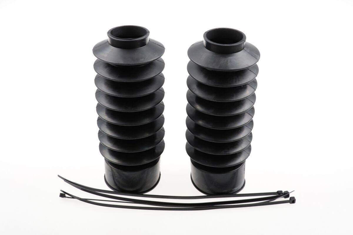 Gloss black rubber fork boots with a ribbed design, specifically for Harley Davidson FXLRS models from 1923 to 2024, accompanied by zip ties for installation.