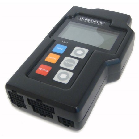 Black handheld device with a digital display, featuring colored buttons (red, blue, orange) and multiple ports for connectivity, labeled "Innovate" on the front.