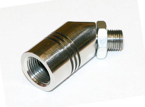 Metallic silver motorcycle bung adapter with a 12mm to 18mm size, featuring a tapered design and two grooves, secured with a threaded connector on one end.