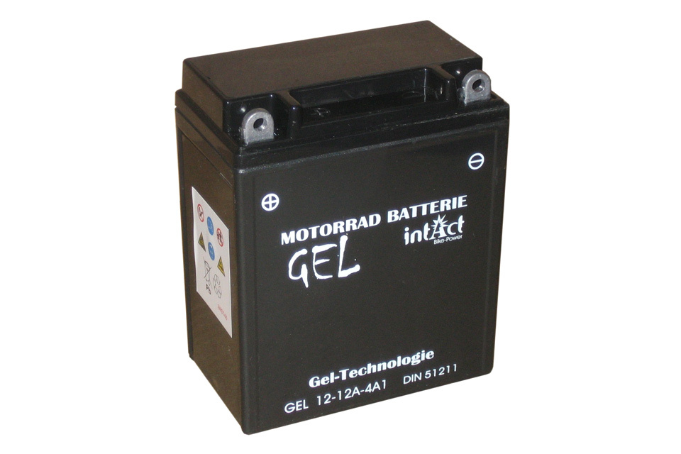 Black gel motorcycle battery labeled "GEL" with white text, featuring safety symbols and specifications including "12N12A-4A-1" and "DIN 51211."
