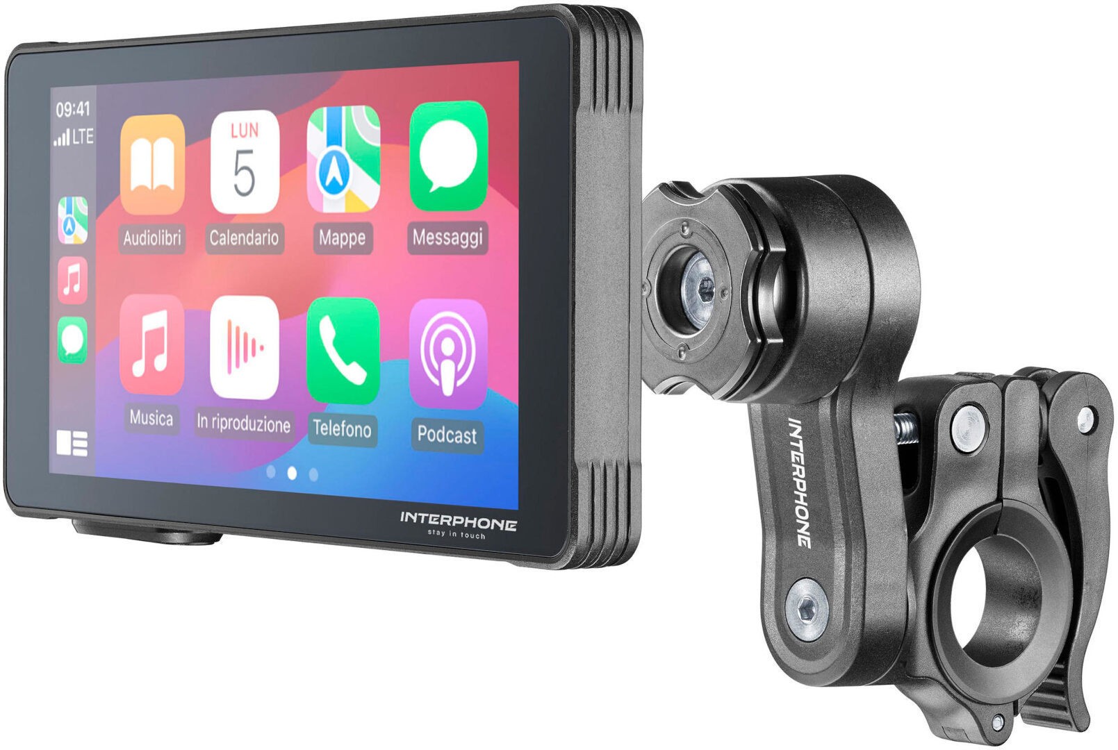 Smart Riding System featuring a sleek black design with a touchscreen display, mounted on a sturdy bracket, showcasing colorful app icons for navigation and communication.