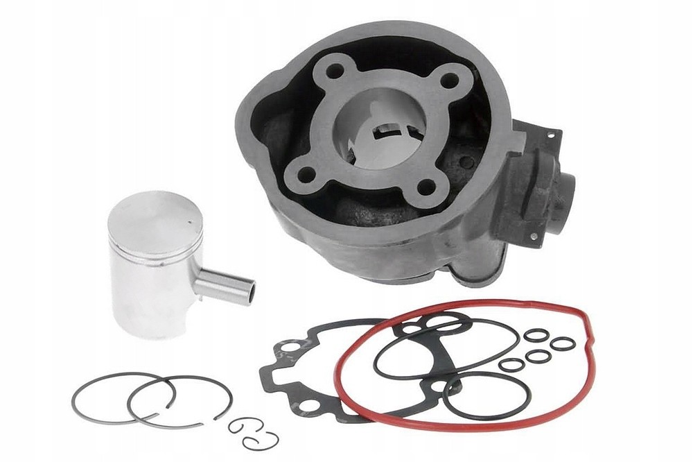 101 Octane IP18305 cylinder kit for Aprilia AF1 50, featuring a grey metal cylinder, silver piston, and assorted gaskets with red and black O-rings.