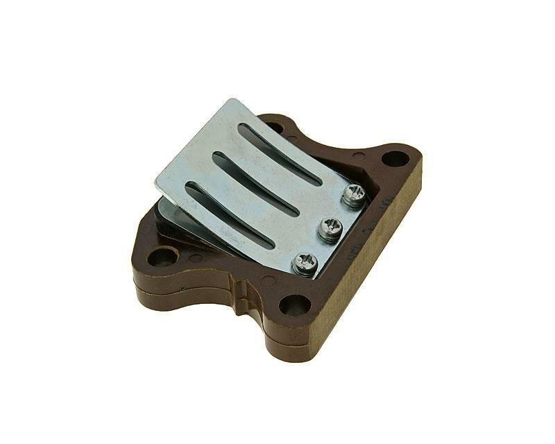 101 Octane IP22761 reed valve in brown plastic base with a silver metal reed, designed for Peugeot Buxy 50 models from 1994 to 1997, featuring two screw holes for installation.