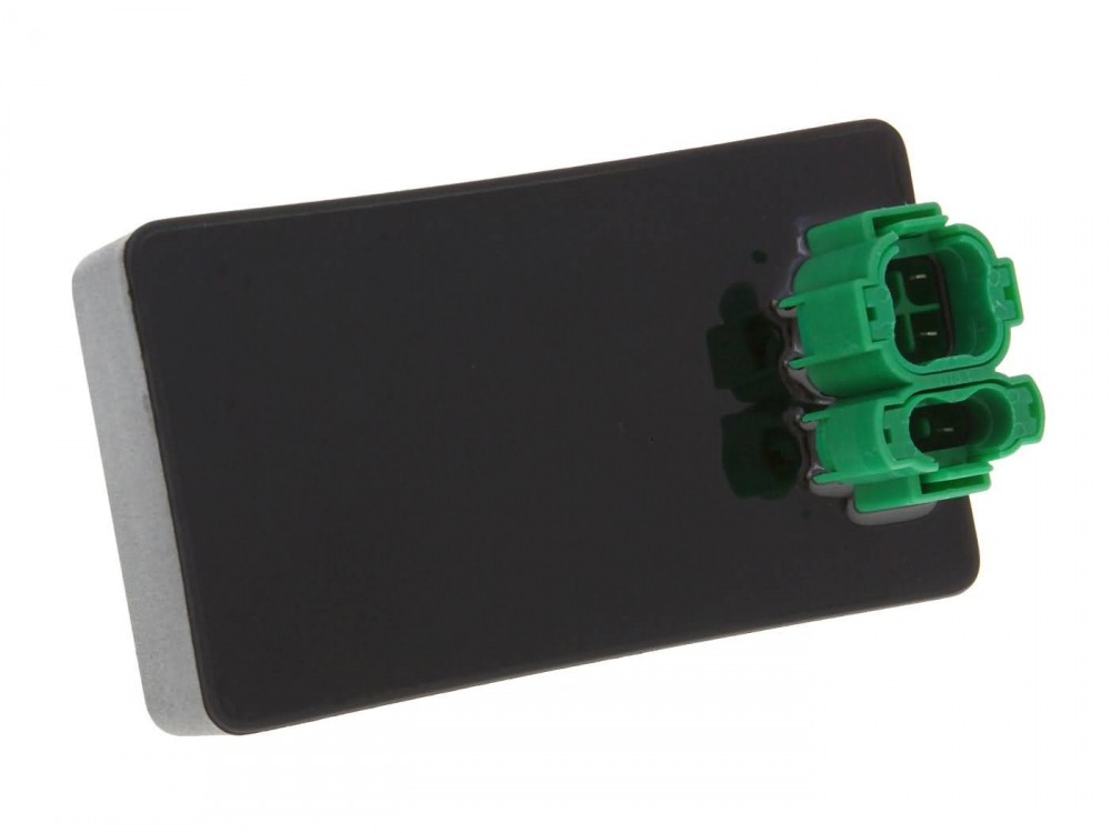 Black rectangular CDI unit with a smooth surface, featuring two green connectors on one end, designed for Kymco Agility 50 4T models from 2005 to 2023.