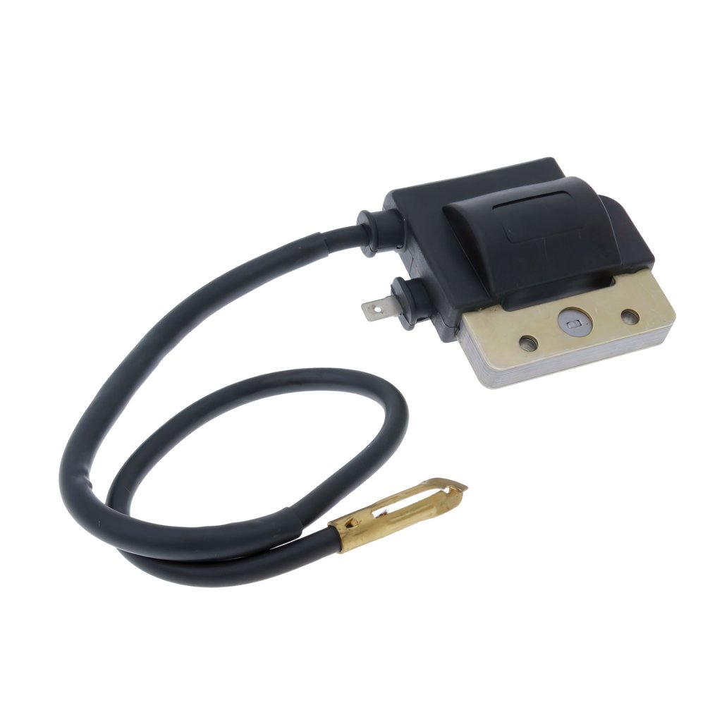 Black ignition coil with a metal base and a wire connector, designed for Piaggio APE 50 models from 1969 to 1980, featuring a compact and durable construction.