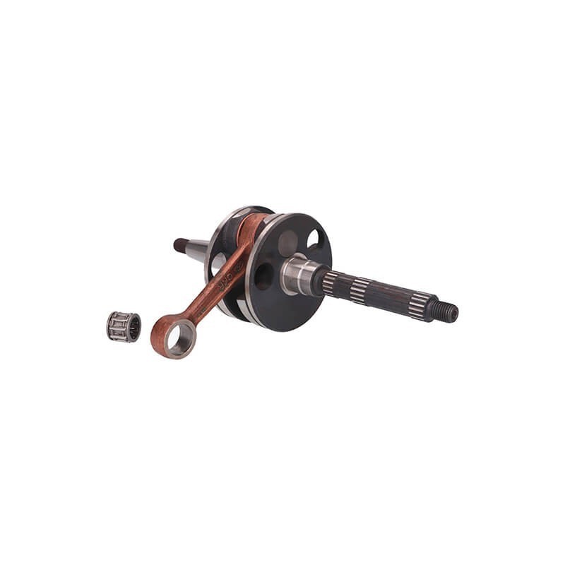Black and silver crankshaft with a copper connecting rod, featuring a polished finish and a small bearing, designed for Piaggio AC, LC for Derbi Atlantis 50 (2005-2007).