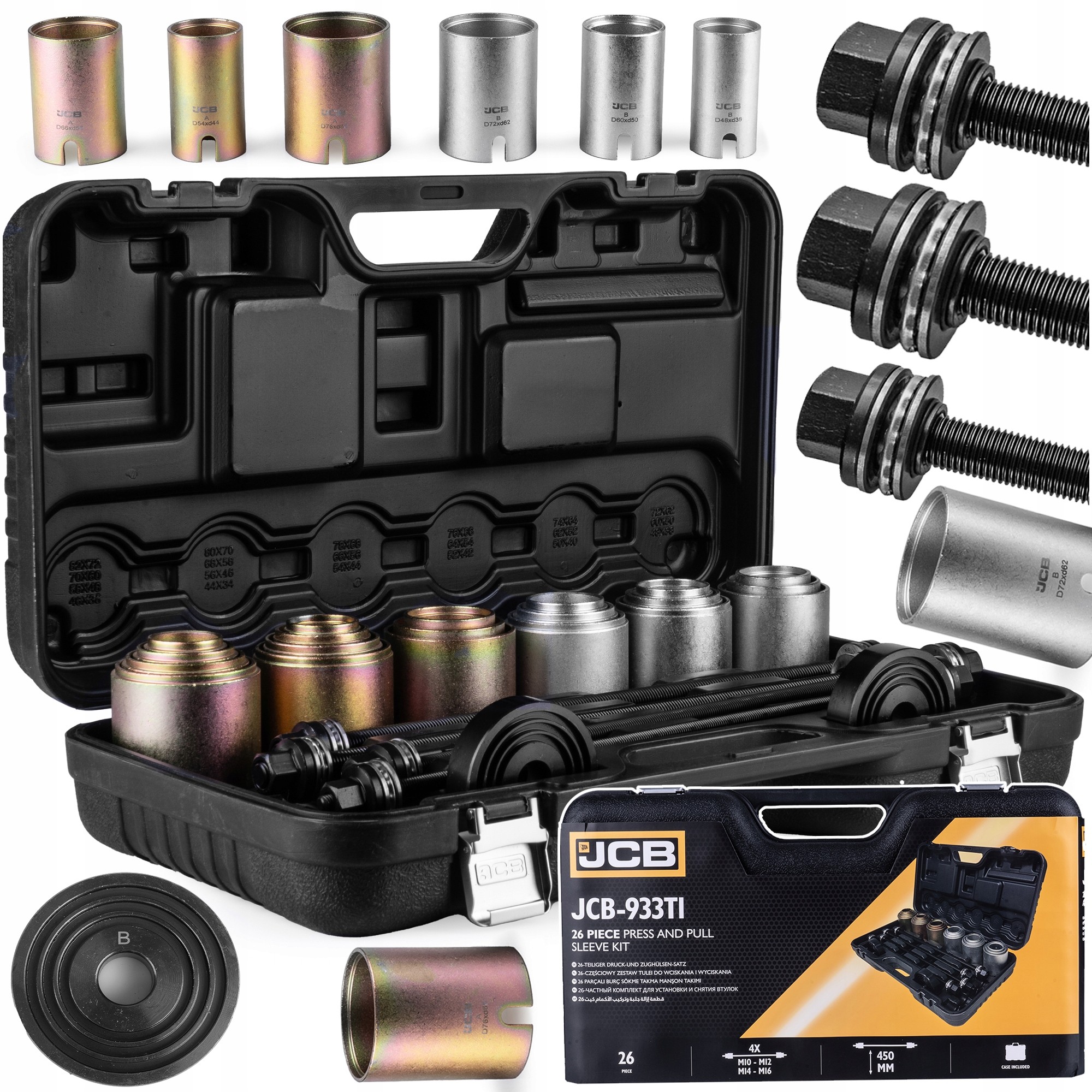 Set of 26 socket wrenches in a black carrying case, featuring various sizes and finishes, including metallic and colorful coatings, with additional bolts and a circular tool.