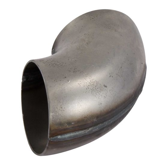 90-degree exhaust bend made of mild steel, featuring a polished metallic finish with visible weld seams, designed for 3.5-inch exhaust systems.