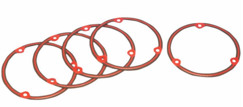 Five red foamet clutch derby cover gaskets, each with a circular shape and evenly spaced holes around the perimeter, designed for motorcycle applications.