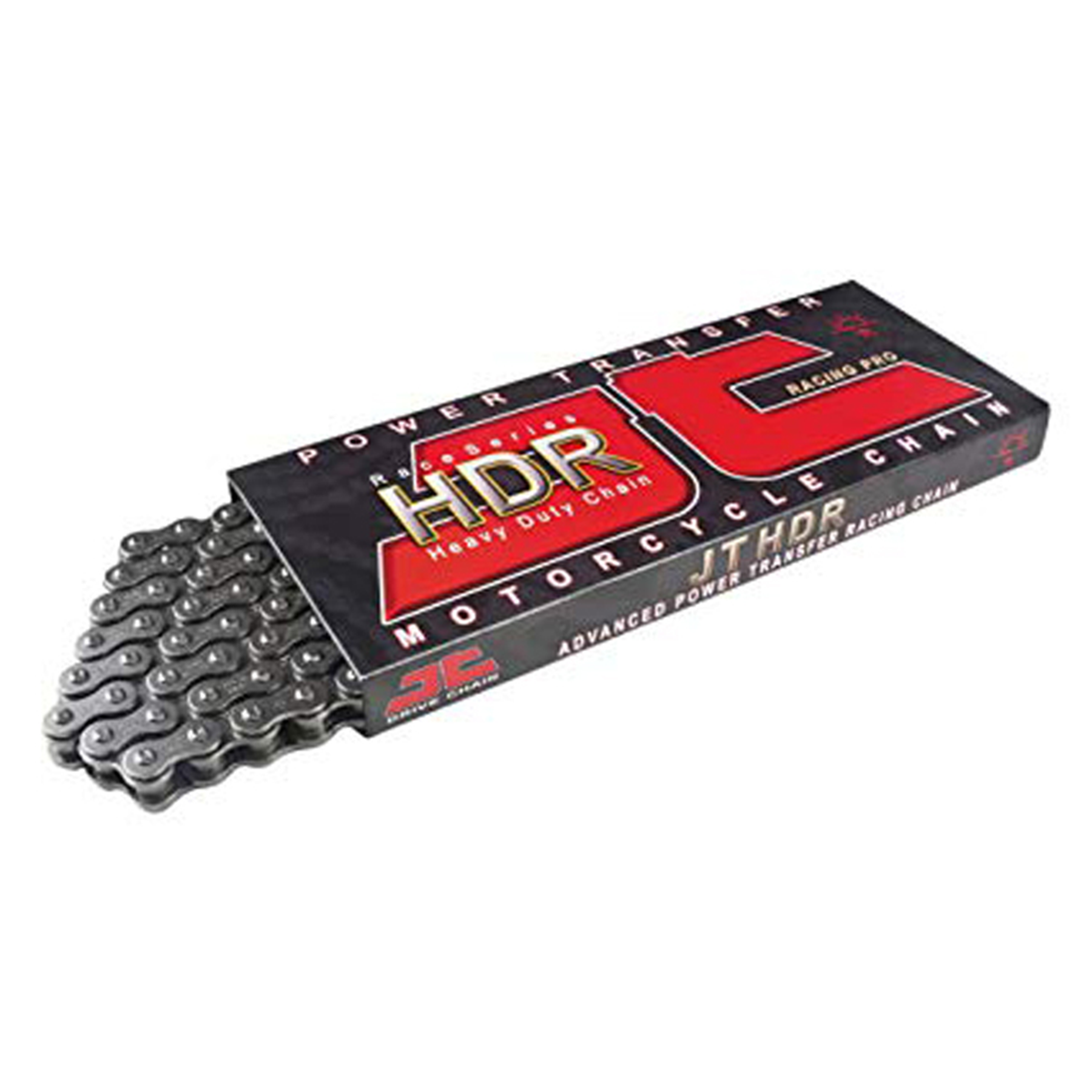 Heavy-duty 420 drive chain with 116 links, made of black steel, displayed in a box featuring red and black graphics, labeled "HDR" for advanced power transfer.