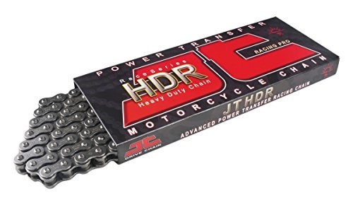 Black and red packaging featuring the JT Sprockets logo, showcasing a heavy-duty motorcycle chain with silver links, labeled "HDR" and "Power Transfer."