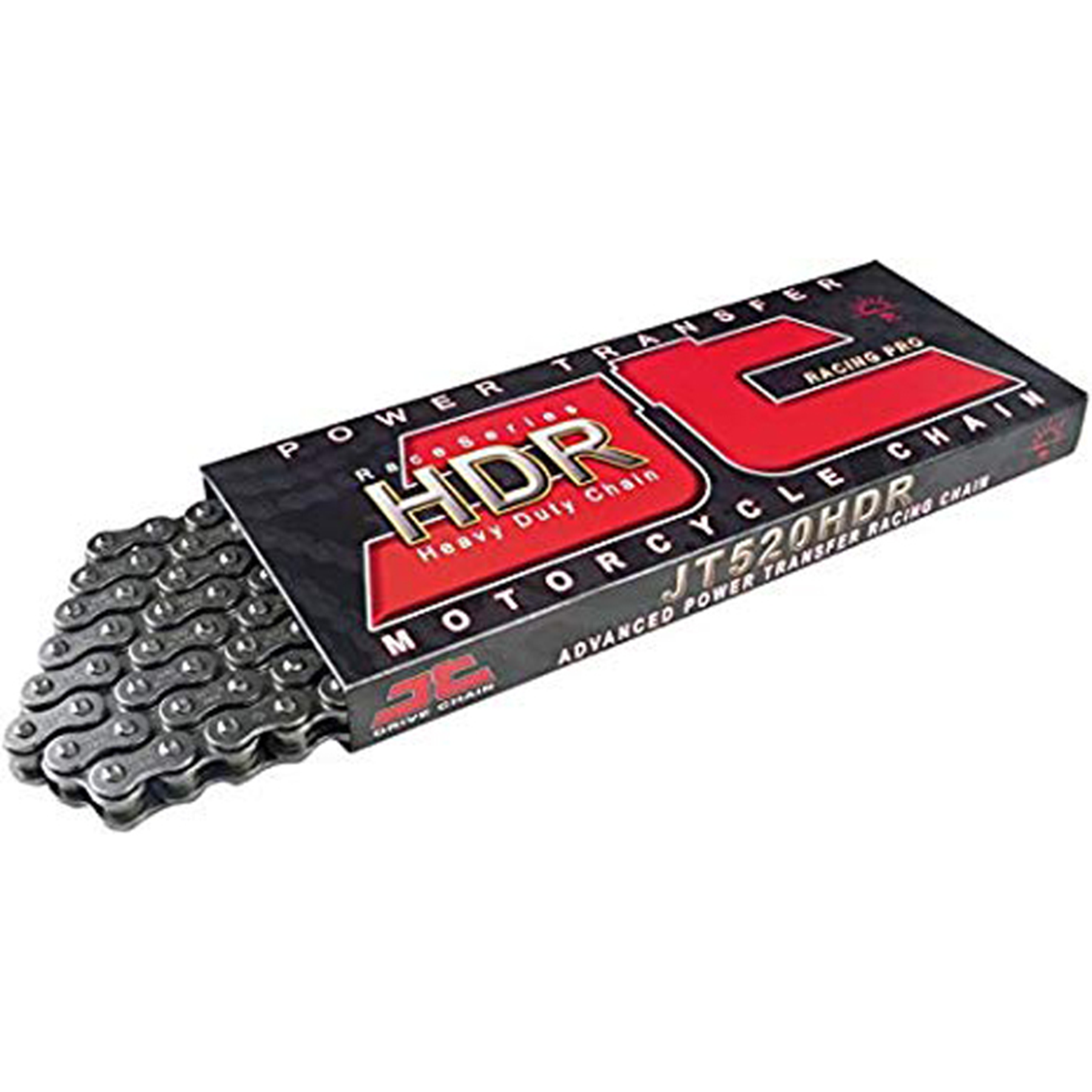 Black and silver heavy-duty motorcycle drive chain packaged in a sleek black box with bold red and white lettering, labeled "JT DRIVE CHAIN 428HDR."
