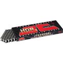 Heavy-duty steel drive chain with 134 links, featuring a black and red packaging design labeled "HDR" and "JT Sprockets," emphasizing durability and performance.