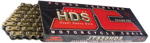 Gold and black 112-link motorcycle drive chain by JT Sprockets, featuring a super heavy-duty design, packaged in a branded box with clear labeling of HDS and JT logos.