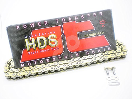 Gold and black motorcycle chain with 114 links, featuring a sleek design and labeled packaging highlighting "HDS Super Heavy Duty" and "Power Transfer."