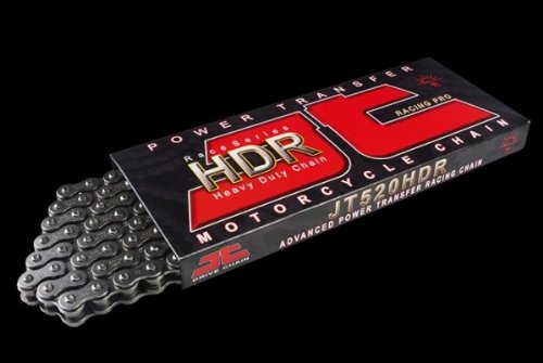 Gold 520 HDR race series motorcycle chain with 118 links, displayed in a black and red packaging featuring "JT" and "HDR" logos, designed for street applications.