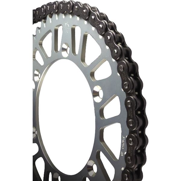 Heavy-duty X-ring chain featuring a black and silver design, with a robust construction and multiple links, ideal for high-performance motorcycles.