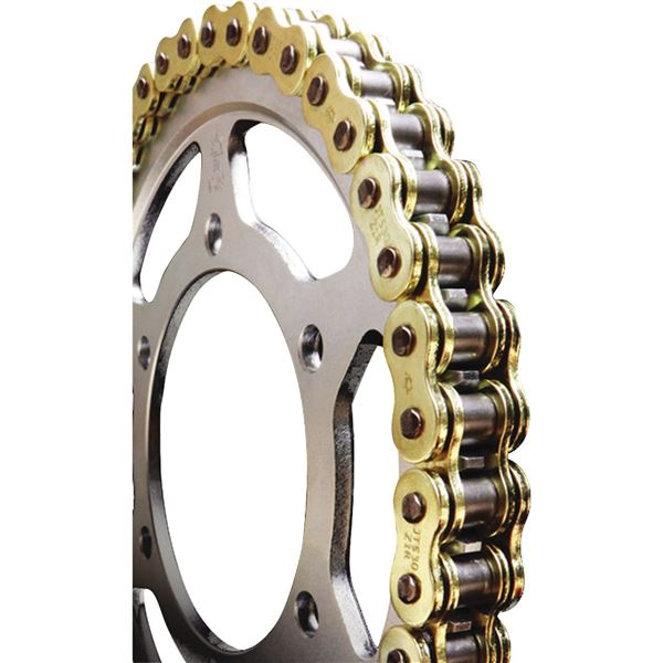 Heavy-duty steel X-ring chain featuring a gold and silver color scheme, designed for durability with 114 links, ideal for motorcycles and high-performance applications.