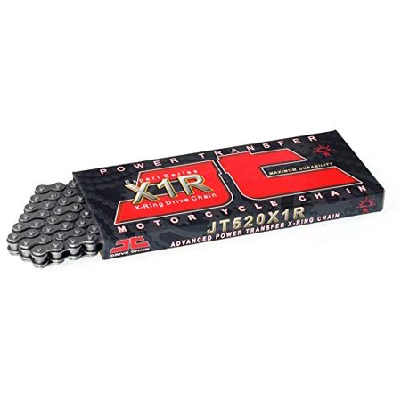Heavy-duty steel drive chain with 120 links, featuring an X-ring design for enhanced sealing and durability, presented in a black and red branded packaging.