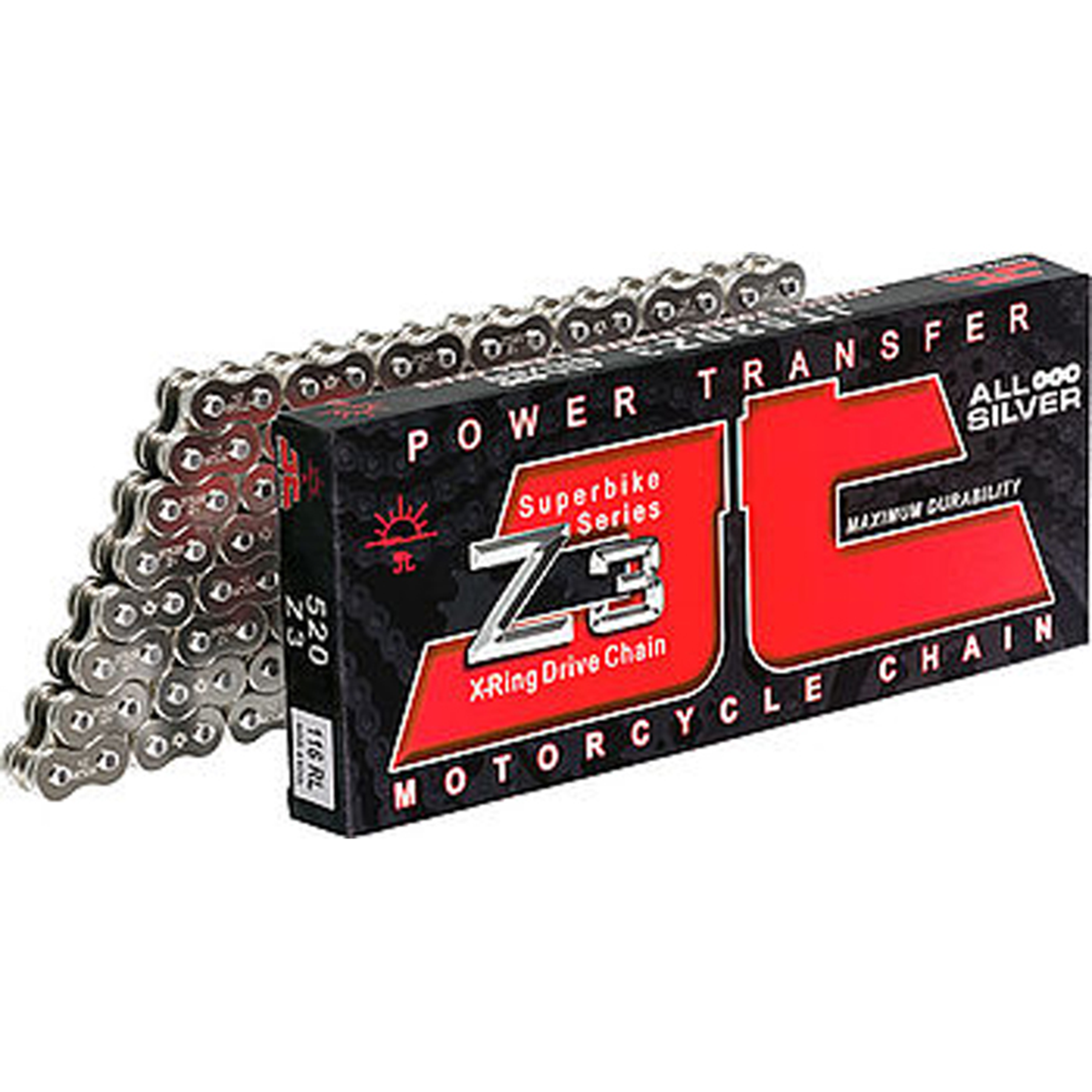Silver motorcycle chain with a box labeled "JT Sprockets Z3" in bold red and black, featuring "Superbike Series" and "Maximum Durability" text, showcasing its X-Ring design.
