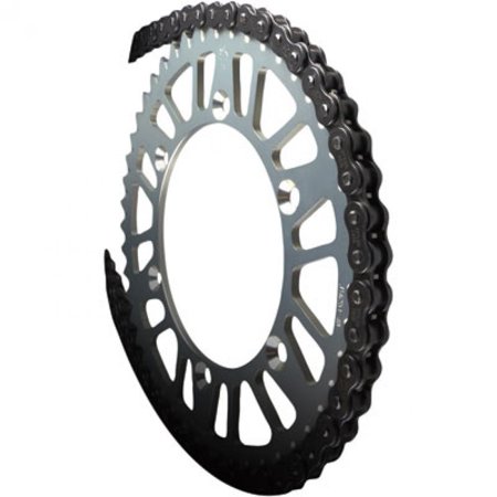 Heavy-duty steel drive chain with 112 links, featuring an X-ring design for sealing, displayed in a circular shape with a shiny silver inner and black outer finish.