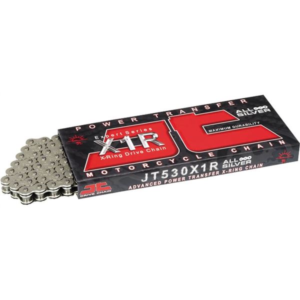Heavy-duty silver X-Ring motorcycle chain with a box labeled "JT 530X1R Expert Series," emphasizing advanced power transfer and maximum durability.