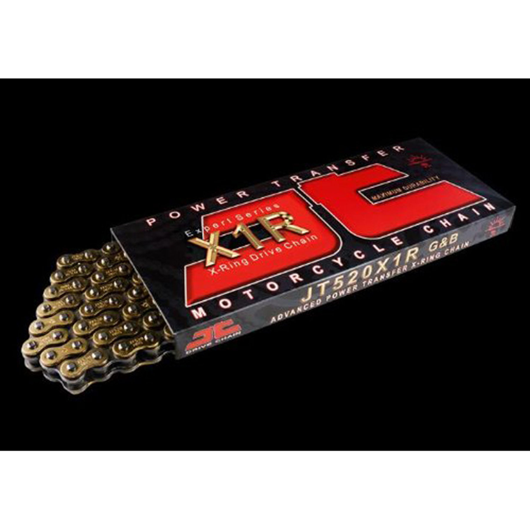 Gold motorcycle chain with a black and red packaging, labeled "JT Sprockets JTC530X1R120RL," featuring advanced X-ring technology for enhanced power transfer.