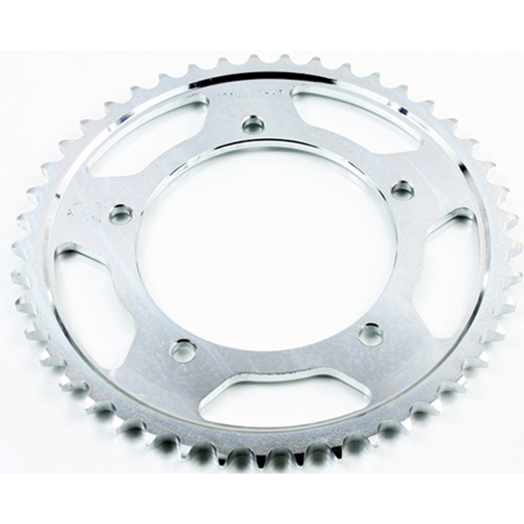 Silver steel rear sprocket with 45 teeth, featuring a circular design and cut-out sections for weight reduction, identified as JT Sprockets model JTR1800.45.