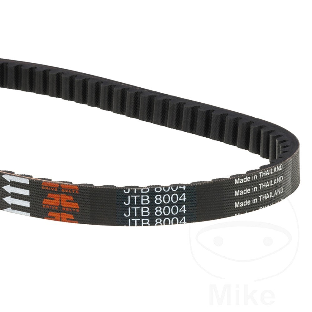 Black rubber drive belt with ridged surface and printed white and orange text, labeled "JT Standard JTB8004," designed to fit Jinlun JL50QT-9 models from 2009 to 2013.