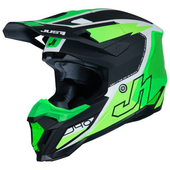 Matt fluo green, white, and black motocross helmet featuring a sleek aerodynamic design, prominent "JH" logo, and a sturdy visor for enhanced visibility and protection.