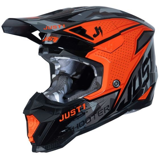 Just1 J40 Shooter motocross helmet in camo orange and black, featuring a sleek design, ventilation ports, and a durable outer shell for enhanced protection.