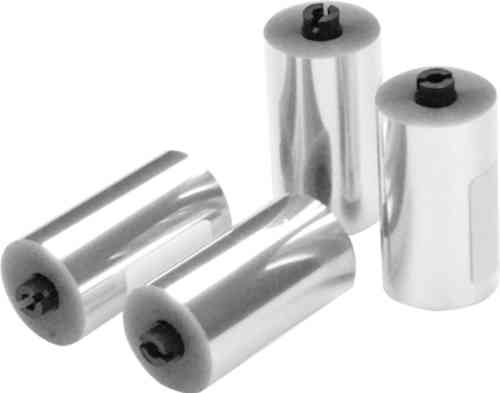 Four shiny, cylindrical roll-off films in silver, featuring a black end cap, designed for use with Just1 roll-off systems, packaged together as a set.